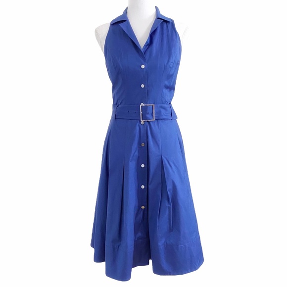 Karen Millen Dresses & Skirts - KAREN MILLEN BLUE COLLARED BUTTON FRONT SLEEVELESS BELTED FIT & FLARE DRESS